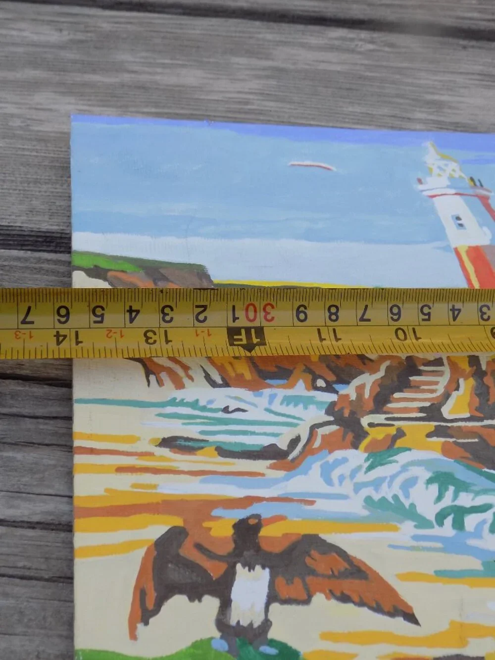 PAINTING Lighthouse Ocean Eagle Rocks, Seagulls, Vintage Home Decor *